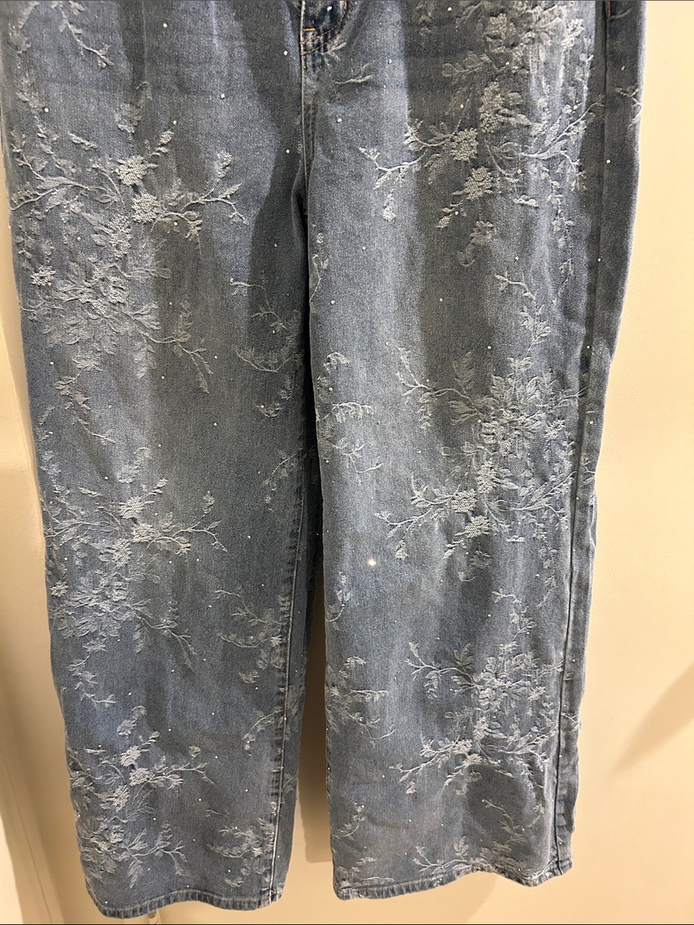 Fashion Nova Blue Straight Leg Jeans with Tonal Floral Embroidery